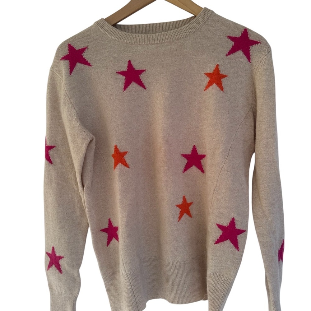 100%Cashmere sweater by Philosophy Beige with Pink and Orange Stars~ size Medium